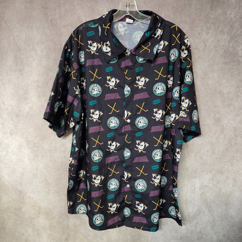 NHL Mighty Ducks Hockey Collared Hawaiian AOP All Over Print Logo Shirt Mens XL